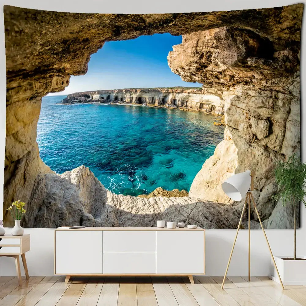 Vibrant turquoise ocean coastal cave tapestry wall hanging printed on stone cave decorbites boho bedroom decor