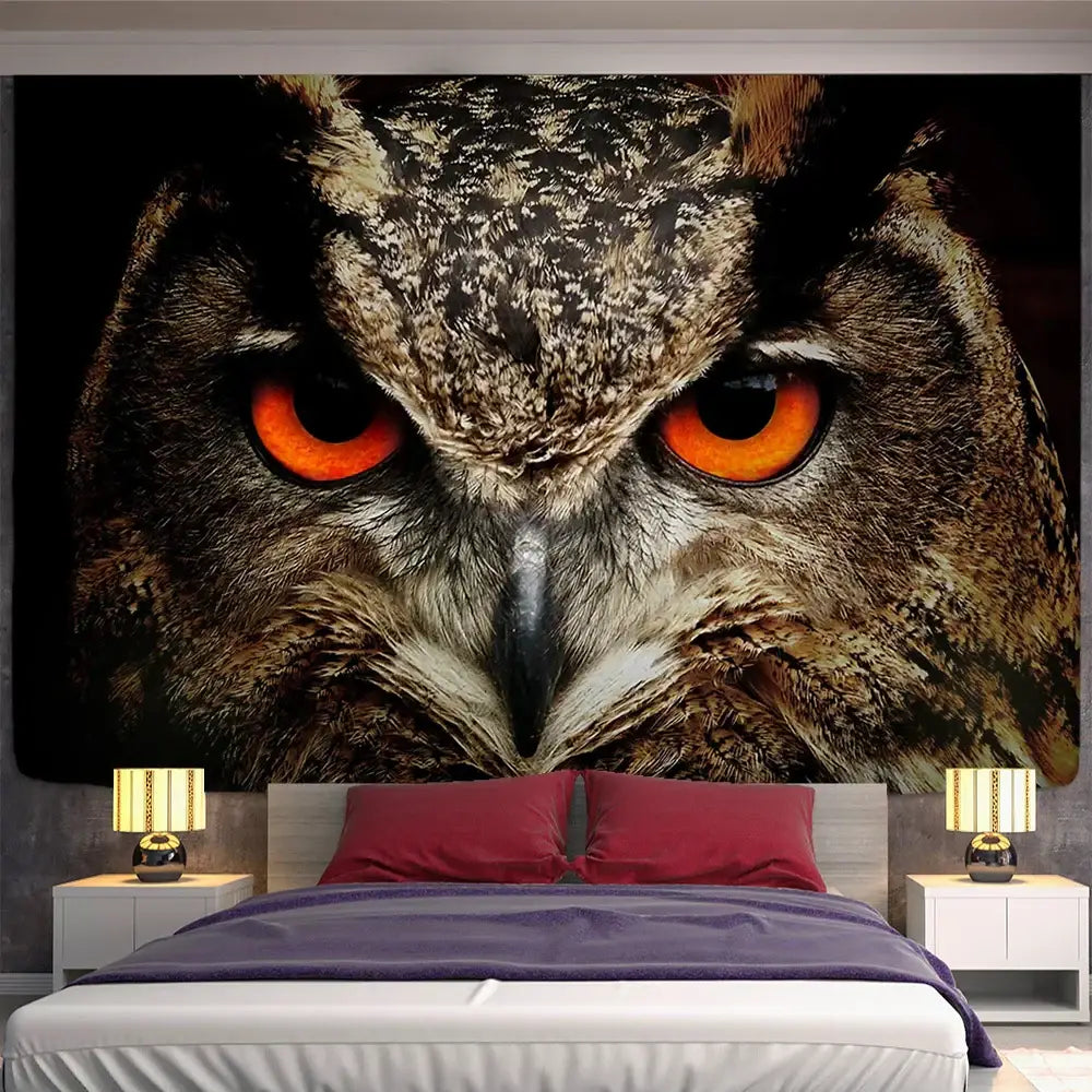 A striking black and brown decorbites colorful owl tapestry wall hanging with vivid orange eyes for bedroom decor