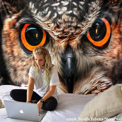 Bohobites colorful owl tapestry wall hanging featuring vivid orange and black eyes with textured brown feathers for bedroom decor