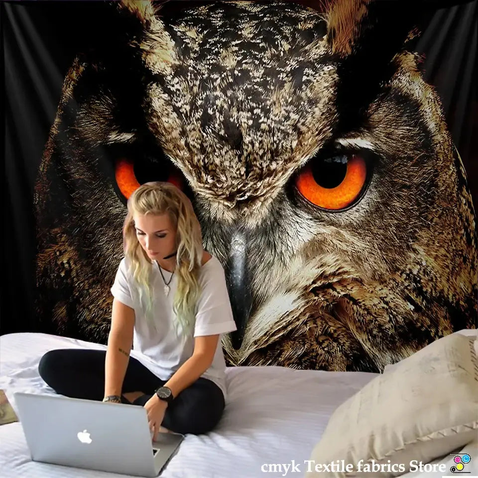 Bohobites colorful owl tapestry wall hanging featuring striking orange eyes and textured brown feathers for bedroom decor