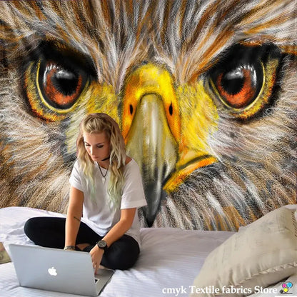 Bohobites colorful owl tapestry wall hanging featuring a detailed hawk face with orange eyes for bedroom decor