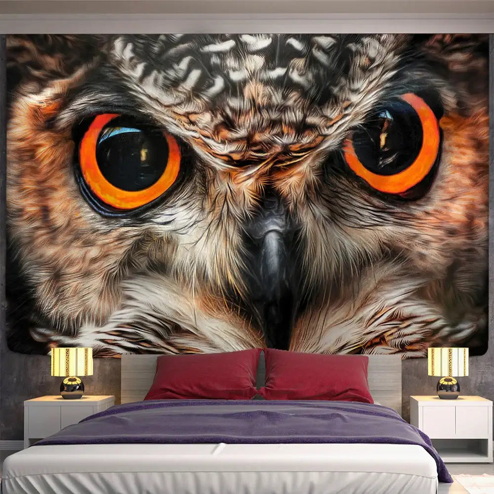 A large colorful owl tapestry wall hanging with vivid orange eyes and textured brown feathers for bedroom decorbites decor