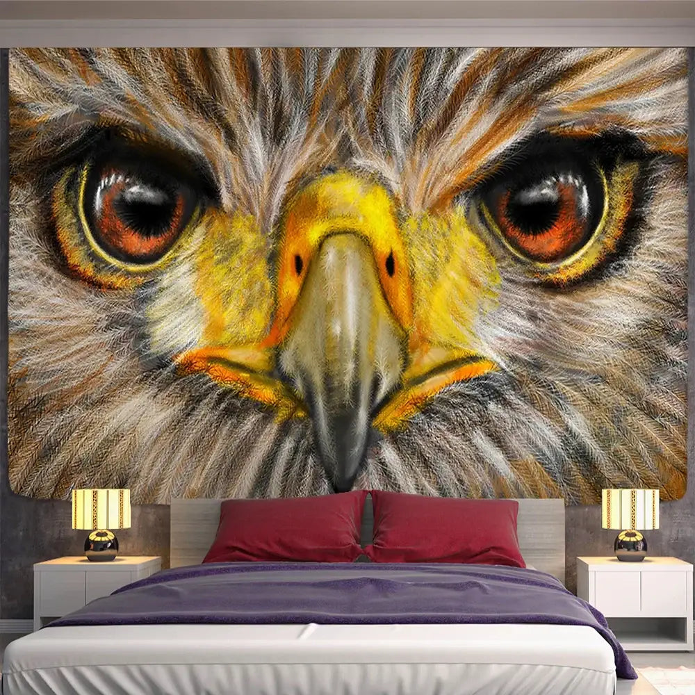 Boho colorful owl tapestry wall hanging with detailed hawk face featuring intense orange eyes for bedroom decorbites decor