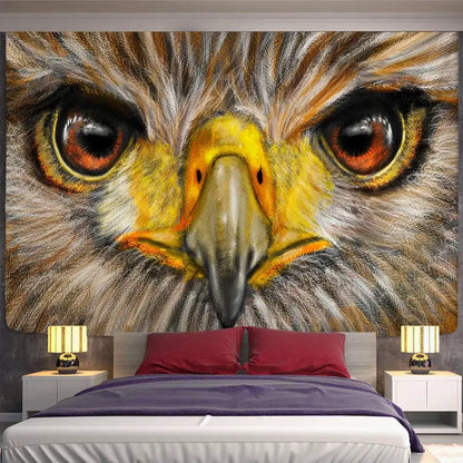 Boho colorful owl tapestry wall hanging with detailed hawk face featuring intense orange eyes for bedroom decorbites decor