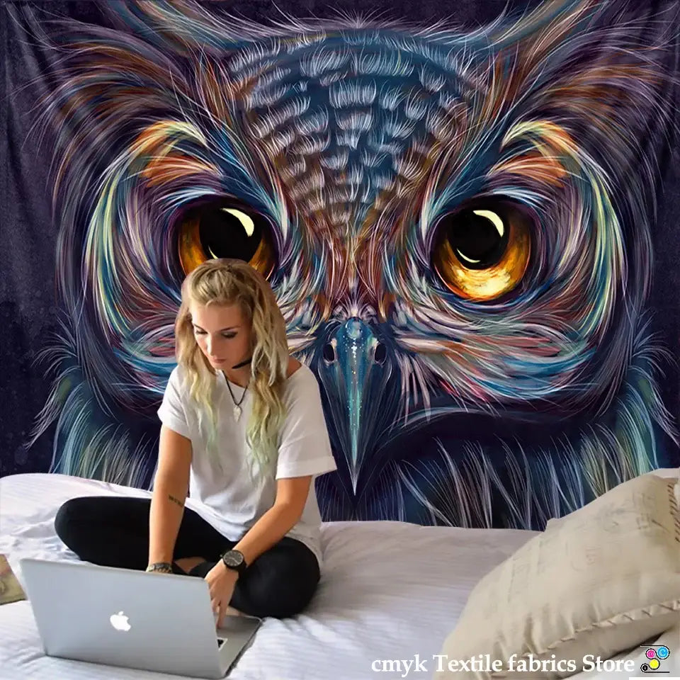 Vibrant decorbites colorful owl tapestry wall hanging with intricate feathers and glowing golden eyes for bedroom decor