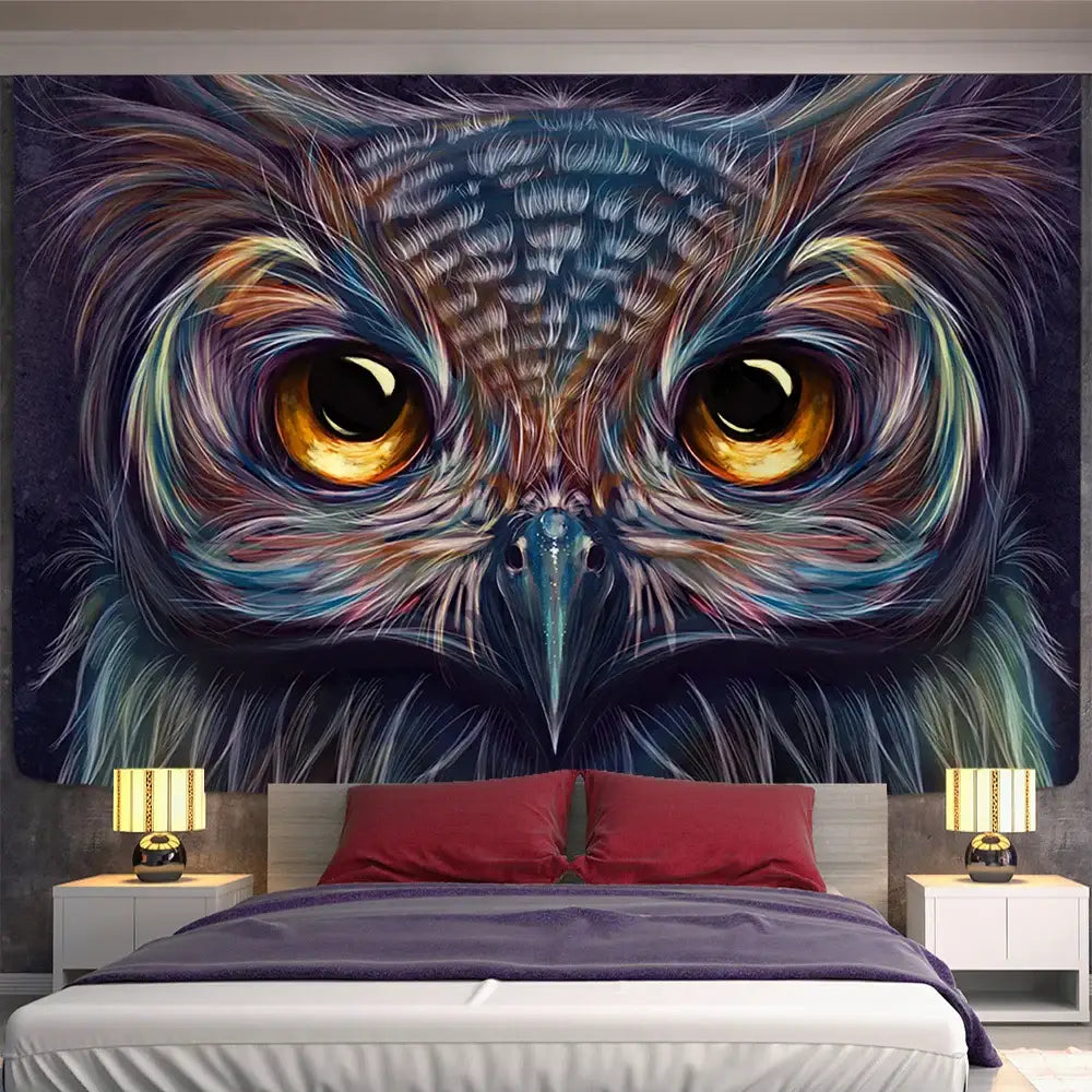 Boho colorful owl tapestry wall hanging featuring a vibrant close-up owl with golden eyes in blue brown and teal shades
