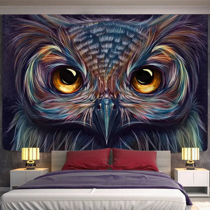 Boho colorful owl tapestry wall hanging featuring a vibrant close-up owl with golden eyes in blue brown and teal shades