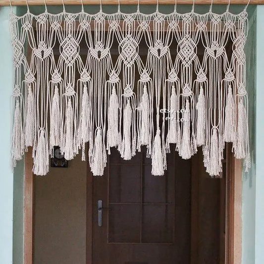 Cream-colored boho cotton wove door curtain with intricate macrame knotwork and tassels for bedroom decorbites decor