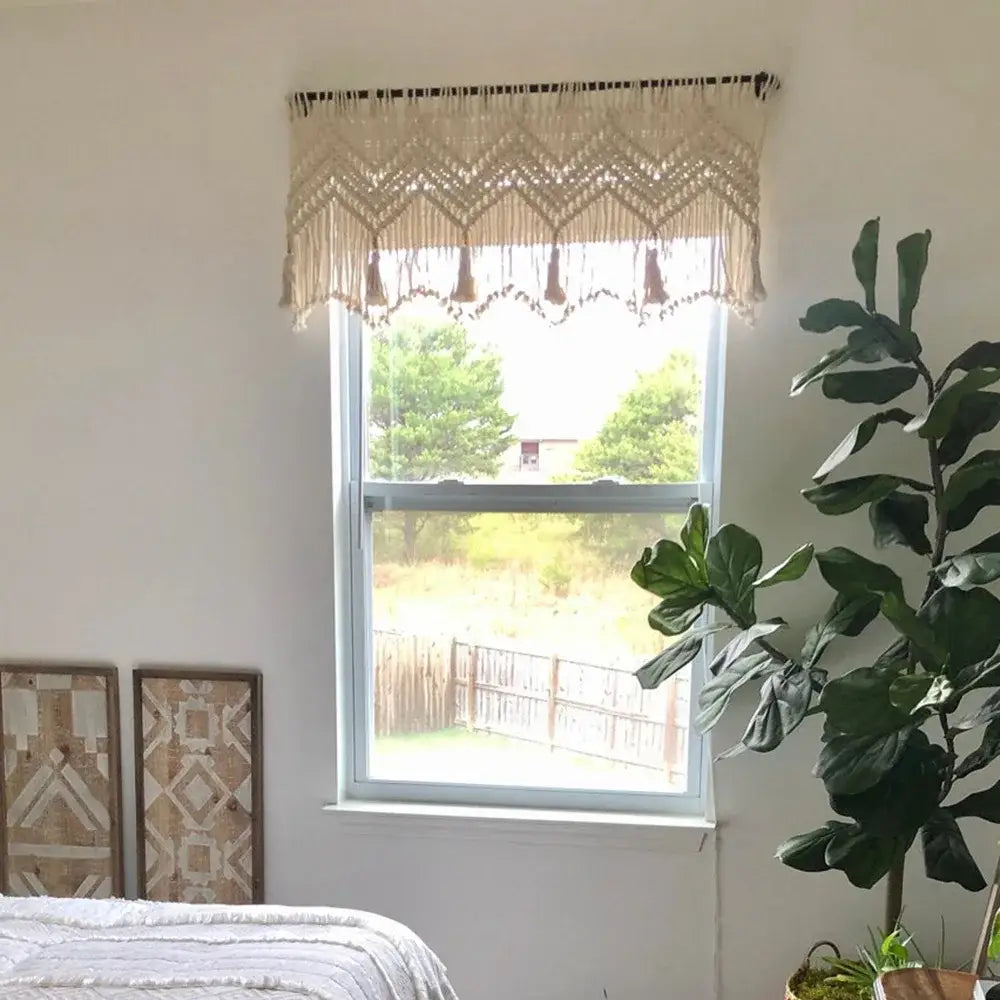 Cream-colored boho cotton wove macrame window valance with tassels for bedroom decorbites boho cotton decorbites boho cotton