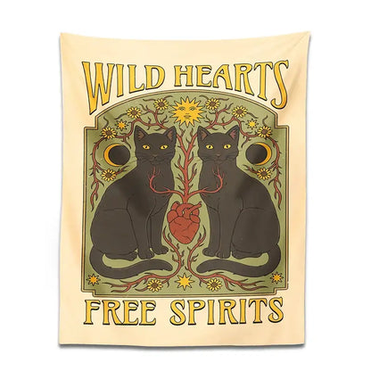 Cream-colored cat hearts tapestry wall hanging with black cats red heart and floral decorbites cat hearts design