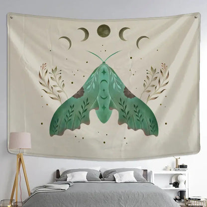 Cream-colored boho bedroom wall hanging with a green and brown moth and moon phases decorbites butterfly tapestry