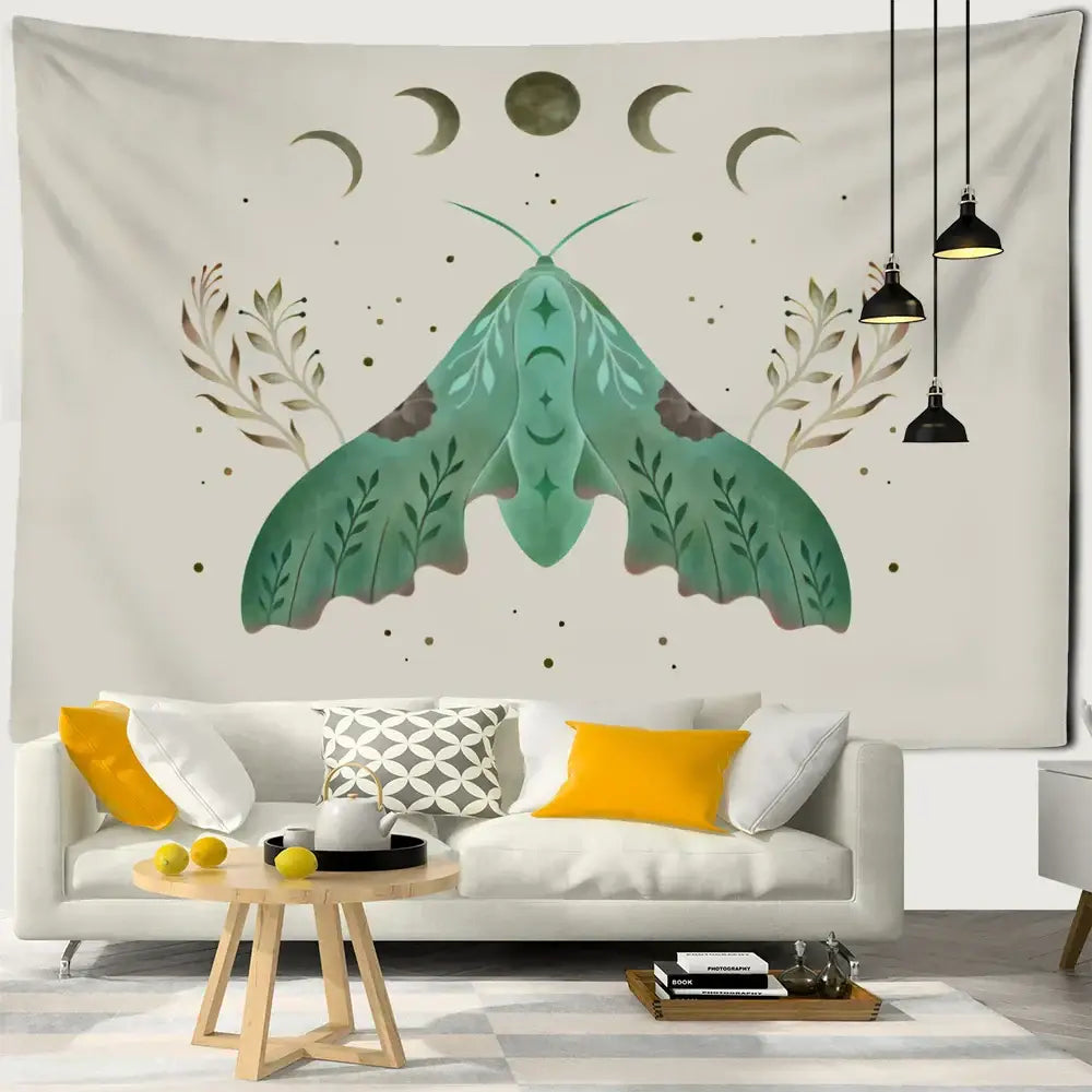 Boho cream and green butterfly tapestry wall hanging featuring a central leafy moth and crescent moons for decorbites butterfly tapestry decor