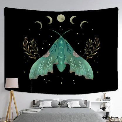 Boho cream and green butterfly tapestry with teal moth and crescent moon motifs on black celestial tapestry decorbites butterfly