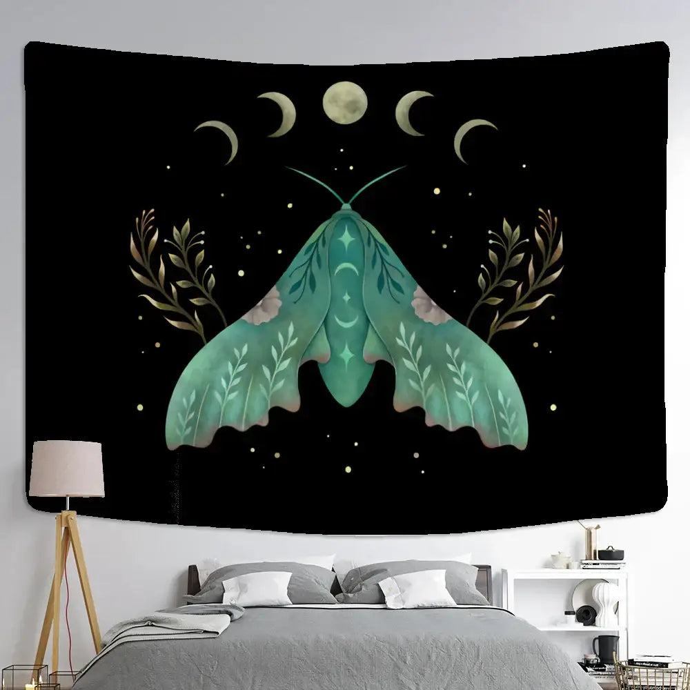 Boho cream and green butterfly tapestry featuring a teal moth with leafy patterns and crescent moons for decorbites butterfly tapestry decor