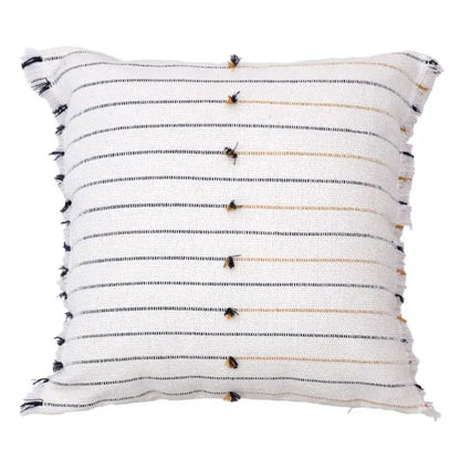 Boho cream and black decorbites handmade cotton woven throw pillow with horizontal stripes tassels and frayed edges