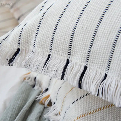 Boho cream and black decorbites handmade cotton woven cushion with black stripes and white fringe for living room decor