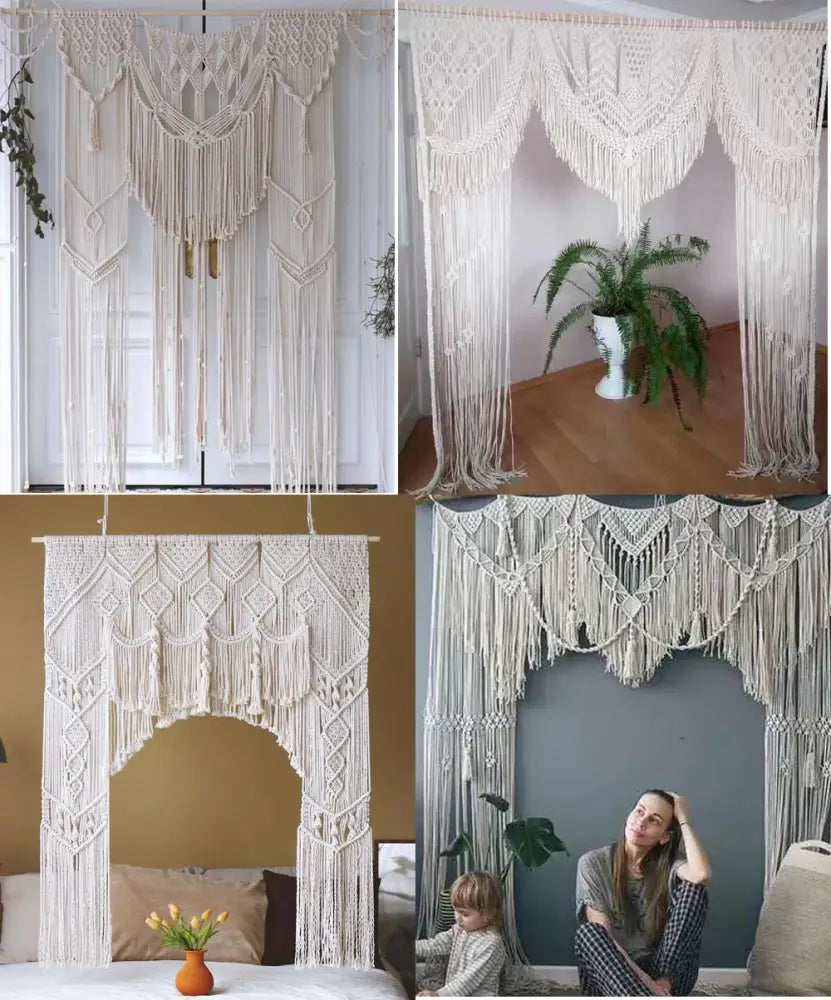 Cream-colored decorbites cotton macrame wall hanging with intricate geometric patterns and fringe for macrame wedding backdrop