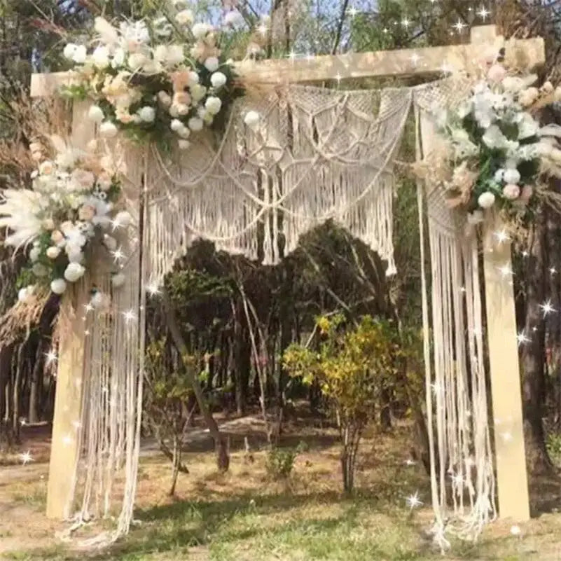 Beige decorbites cotton macrame wedding backdrop adorned with white and cream flowers for boho wall decor