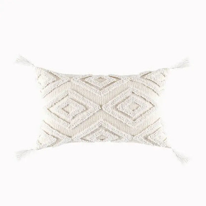 Cream cotton tassels cushion cover with textured geometric diamond pattern and tassels for living room decorbites cotton tassels