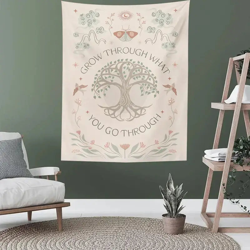 Boho cream decorbites life tree tapestry with beige tree sun moon design and grow through what you go through phrase