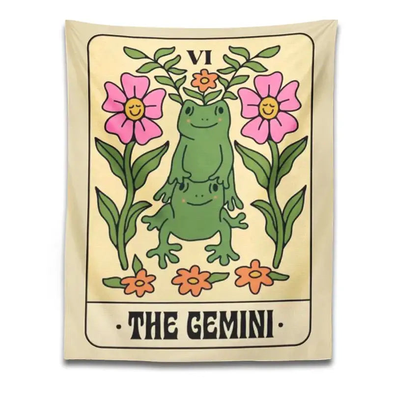 Beige tapestry wall hanging with gemini frog constellation cartoon and floral design for boho bedroom decorbites decor