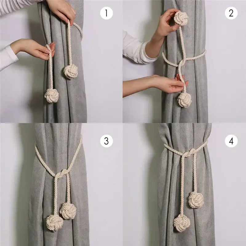 Boho cream decorbites handwoven cotton curtain tieback with knotted ends for living room tassel decor