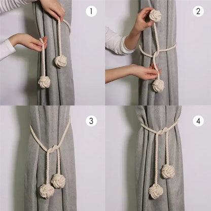 Boho cream decorbites handwoven cotton curtain tieback with knotted ends for living room tassel decor