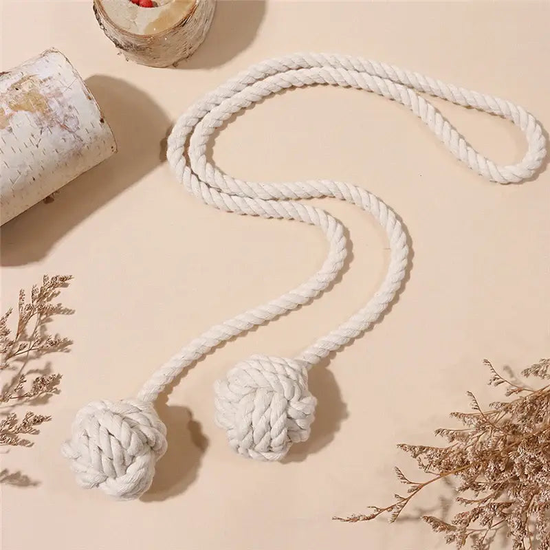 Boho cream handwoven cotton curtain tieback with white rope and knotted balls for decorbites living room decor
