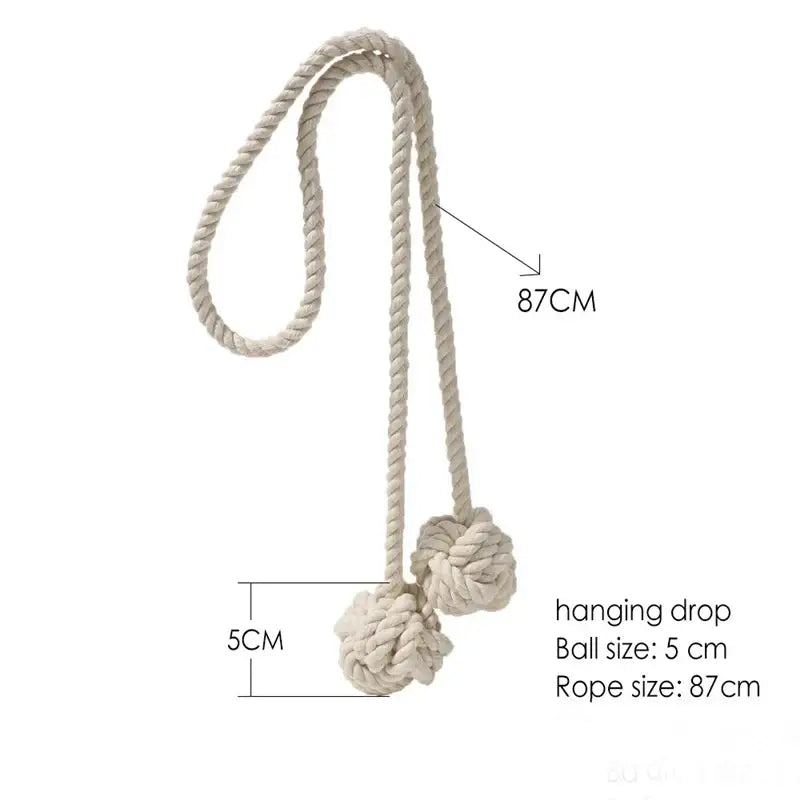 Boho cream decorbites handwoven cotton curtain tieback with beige rope and knotted balls for living room decorbites decor