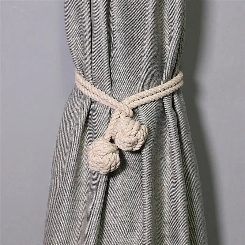 Boho cream decorbites handwoven cotton curtain tieback with knotted pom-poms for living room tassel decor