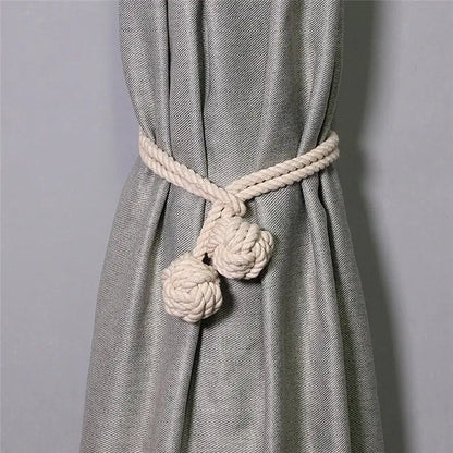 Boho cream decorbites handwoven cotton curtain tieback with knotted pom-poms for living room tassel decor