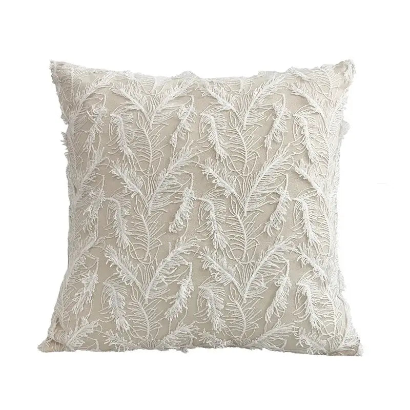 Beige cushion cover with intricate white lace floral embroidery and frayed edges decorbites boho white decor option