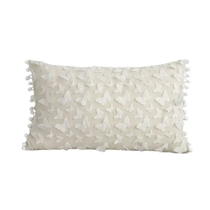 Cream cushion cover with lace floral butterfly appliqués and pom-pom trim for decorbites boho white style living room decor