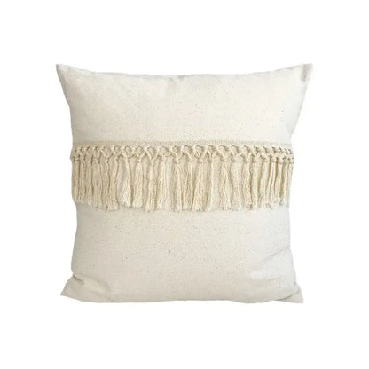 Cream-colored boho cushion cover with lace floral macrame fringe band by decorbites for living room decor