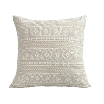 Boho cream lace floral cushion cover with delicate off-white lace pattern on soft beige fabric for living room decorbites boho white