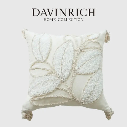 Cream-colored geometry tufted cushion cover with embroidered leaf patterns and tassels for living room decorbites boho leaf decor