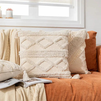 Cream-colored boho cotton tassel pillow cover with textured diamond embroidery ideal for living room decorbites decor