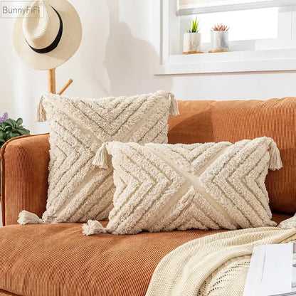 Cream textured cotton pillow cover with woven chevron pattern and tassels boho cotton tassel decor by decorbites