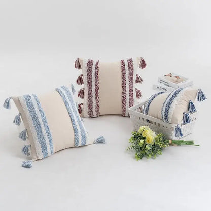 Boho cream tufted cushion cover with textured blue and burgundy tassel stripes for living room decor