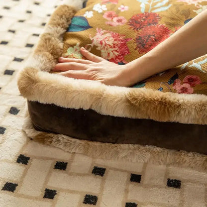 Boho dark floral seat cushions with dark brown cushioning and tan plush faux fur trim for dining room use