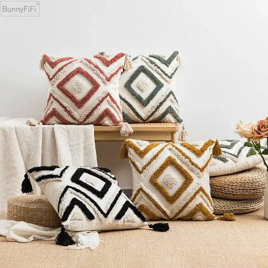 Bunnyfifi boho diamond pillow cushion covers with geometric patterns in earthy tones and tassel accents for living room decorbites