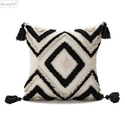 Black and cream geometric boho diamond pillow with tassels cushion covers for living room decorbites earthy decor