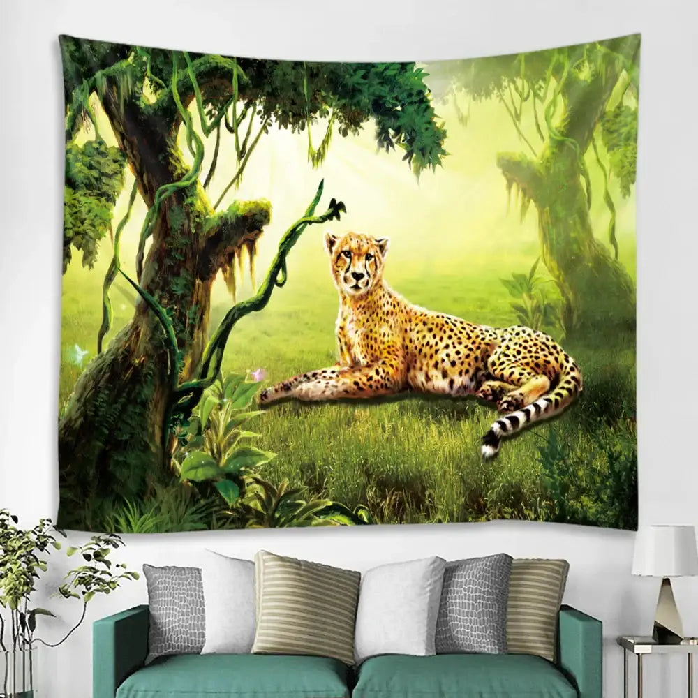 A vibrant jungle-themed decorbites boho elephant mandala tapestry with a golden-yellow cheetah resting in green foliage