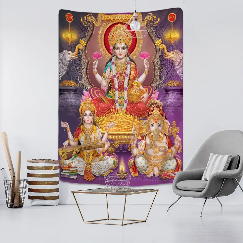 Vibrant purple and gold boho elephant mandala tapestry featuring hindu deities in ornate traditional attire decorbites boho elephant