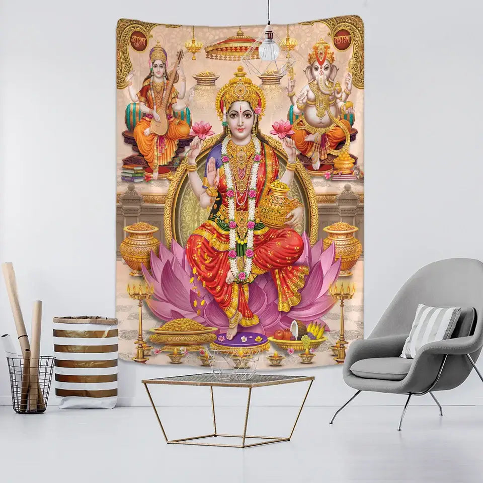 Vibrant boho elephant mandala tapestry featuring goddess lakshmi in purple and gold for bedroom decorbites decor