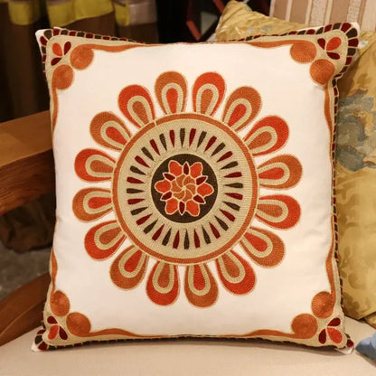 White boho ethnic flower elephant pillowcase with intricate orange and beige embroidered floral patterns for bedroom decorbites ethnic flower decor