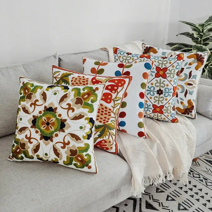 Boho farmhouse floral cream pillow covers with vibrant embroidered floral and geometric patterns for living room decorbites decor