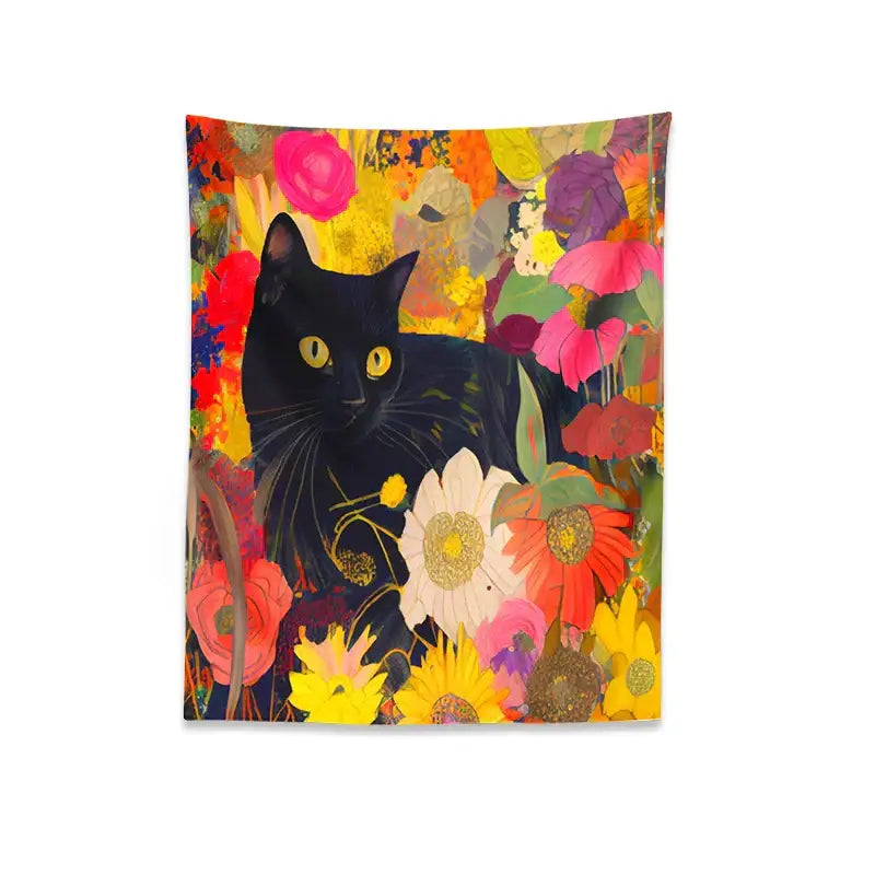 Boho floral black cat print poster featuring a vibrant cat print with golden eyed black cat among colorful blossoms for wall art
