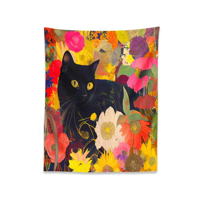 Vibrant boho floral cat print poster featuring a black cat with golden eyes among colorful pink yellow red and purple blossoms