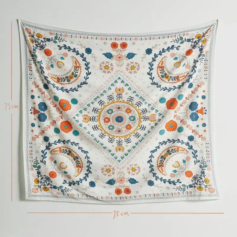 Boho floral celestial wall tapestry with intricate orange and blue embroidered patterns for bedroom decorbites boho floral decor